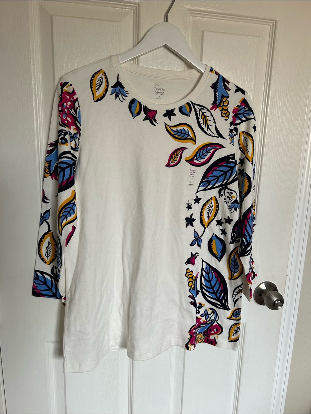 Kim Rogers White Long Sleeve Boho Tee with Blue, Pink & Yellow Fall Leaf Print